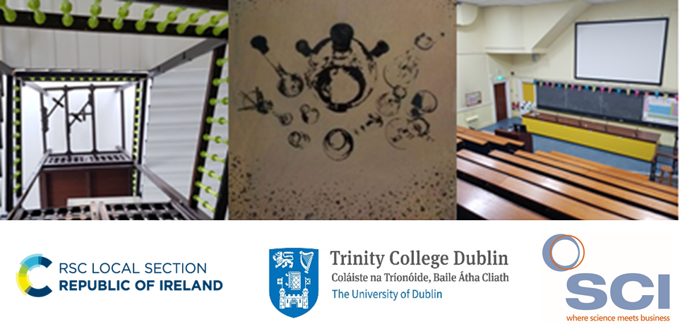 3-panel image. Panel 1 looking upwards in the middle od a stairwell. Panel 2: Art print depicting chemistry glassware. Panel 3: Photograph of an empty lecture theatre. Logos of RSC, TCD and SCI underneath panels